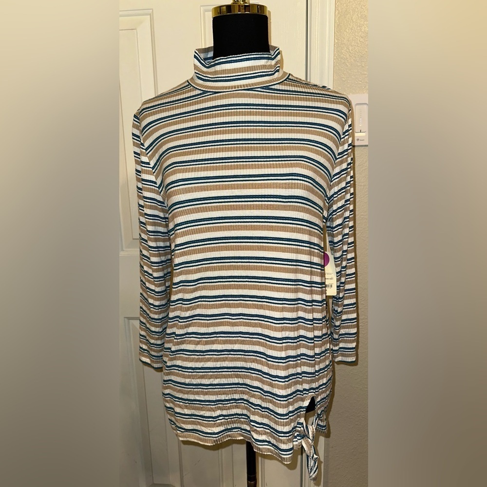 St. John’s Bay Striped Mock Neck Top L NWT Tie Hem 3/4 Sleeve Soft Stretch